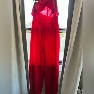 bebe Red Ruffle-Detail halter Wide-Leg Jumpsuit